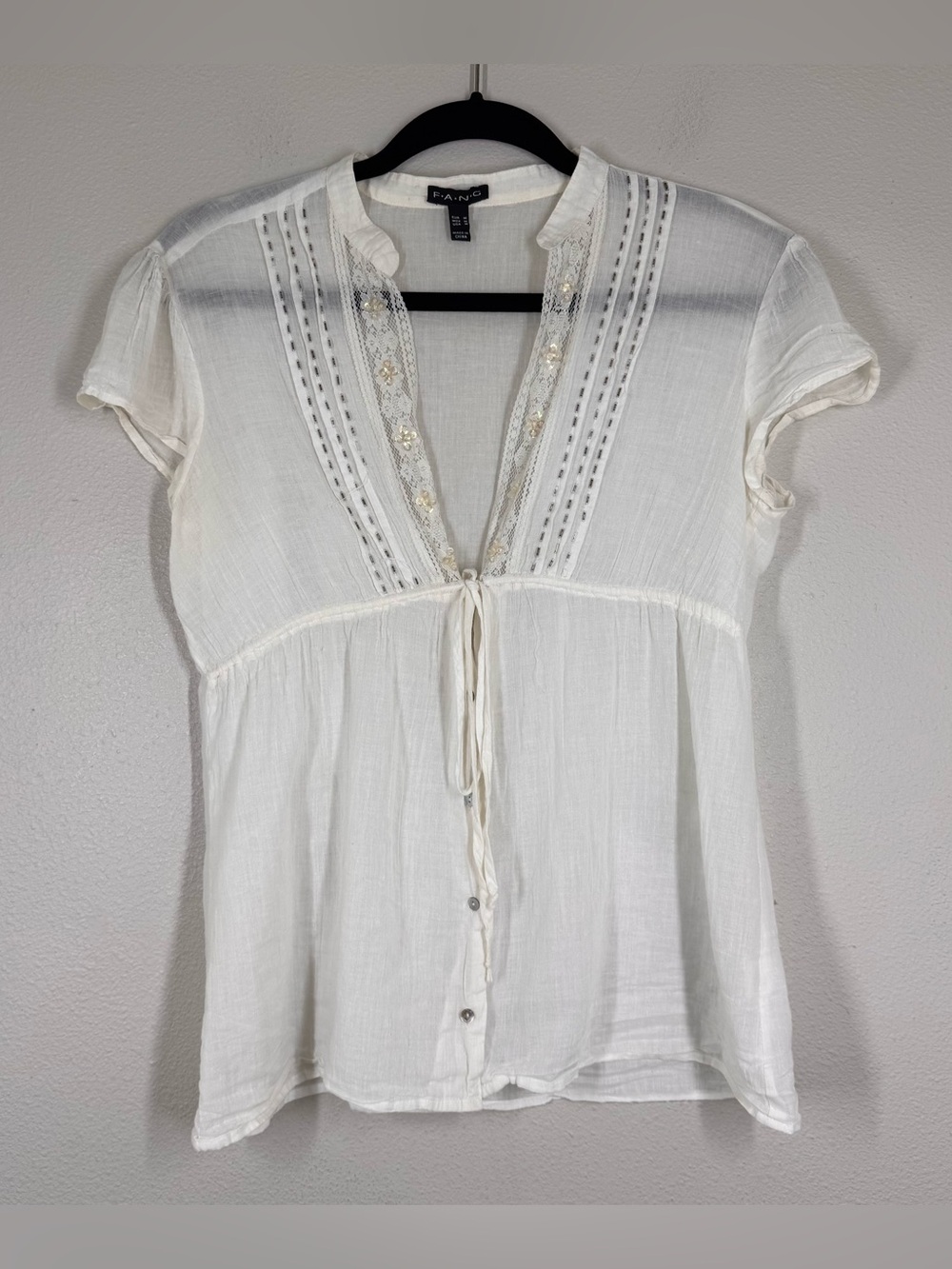 Vintage Fang Y2k Top Beaded Lace Babydoll Short Sleeve Blouse Fairy Size Medium